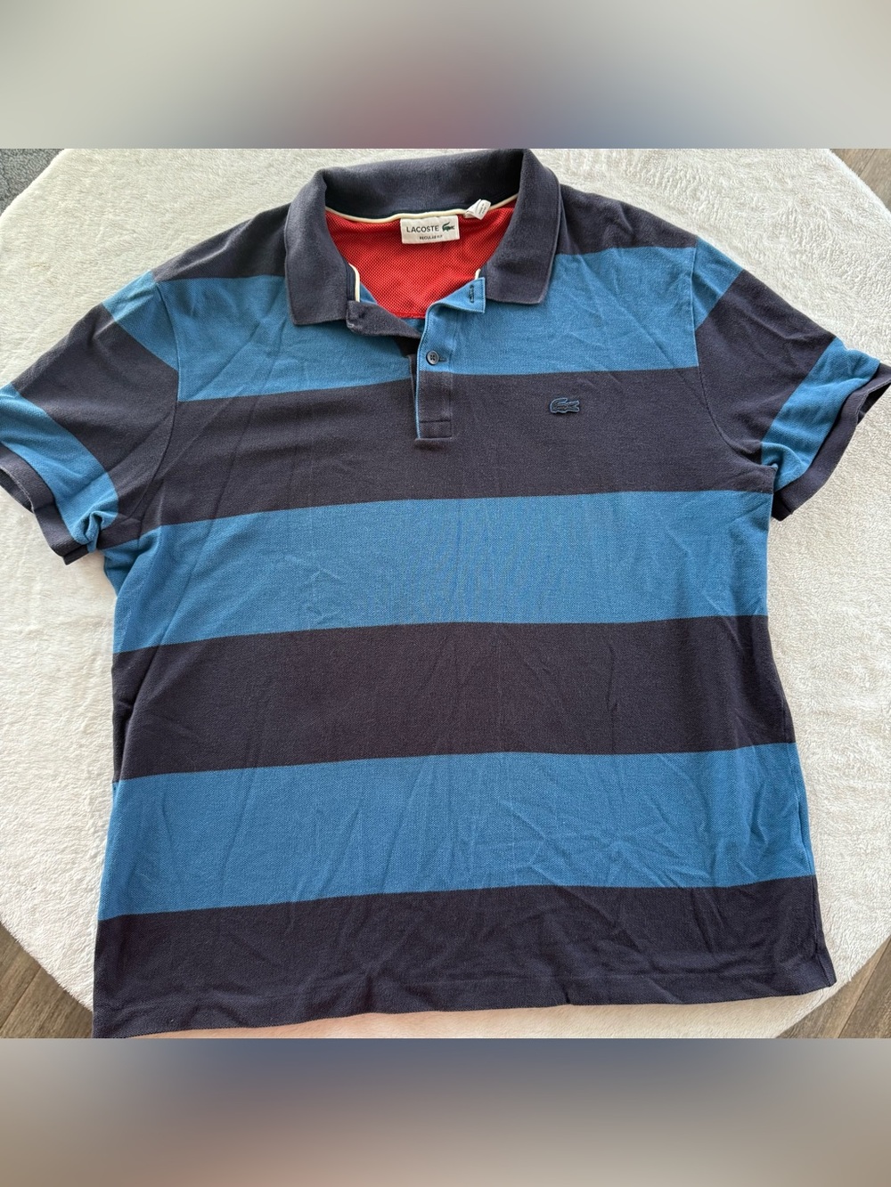 Lacoste Men’s Navy and Light Blue Wide-Stripe Polo